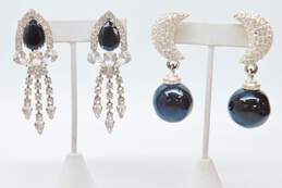 Vintage & Carolee Silvertone Icy Black & Clear Rhinestones Crescent Moon Ball & Tassel Clip On Earrings & Accordion Bracelet 112.6g alternative image