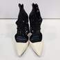 Womens Black White Leather Back Zip Pointed Toe Laser Cut Pump Heels Size 7 image number 1