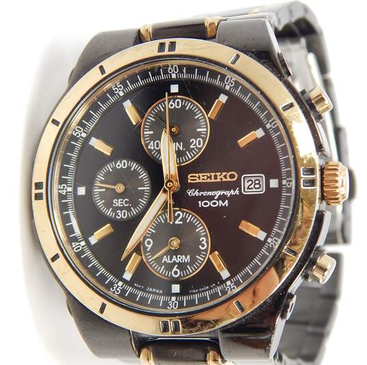 Buy the Seiko Chronograph 100M Movement 7T62 Black & Gold Tone Watch |  GoodwillFinds