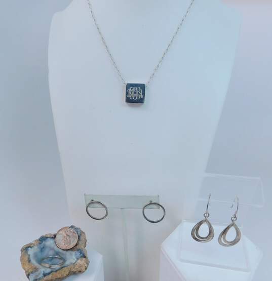 Artisan 925 Chunky Square Pendant Necklace Open Circle Post & Teardrops Drop Earrings & Shell Wavy Band Ring 17.2g image number 10