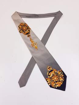 Vintage Gianni Versace Italy 90s Gold Baroque Print Polka Dot Silk Neck Tie 57 inch