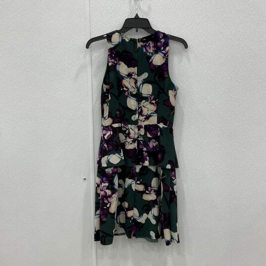 Womens Green Purple Floral Sleeveless Crew Neck Back Zipper A-Line Dress Size 2 image number 2