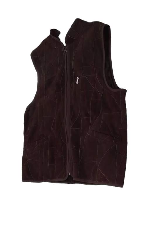 Mens Brown Abstract Leather Sleeveless Pockets Full Zip Vest Size Large image number 2