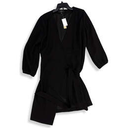 NWT Womens Black Long Sleeve Surplice Neck Tie Waist Wrap Dress Size 12