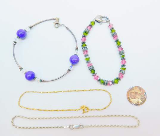 Artisan 925 & Vermeil Fancy & Twisted Rope Chain & Purple Faux Stone Ball & Pink & Green Crystal Beaded Bracelets Variety 24g image number 5