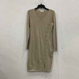Womens Beige Long Sleeve V-Neck Knit Lace Up Sweater Dress Size Small