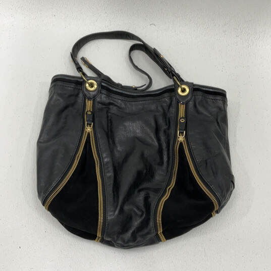 Womens Black Leather Inner Zip Pocket Double Handle Strap Shoulder Bag image number 2