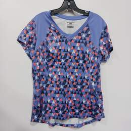 Womens Dry Tek Blue Geometric Print V-Neck Short Sleeve Pullover Shirt Size XL