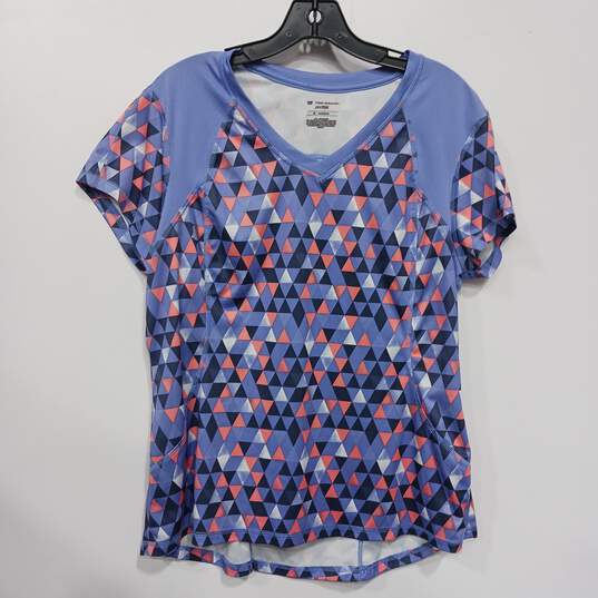 Womens Dry Tek Blue Geometric Print V-Neck Short Sleeve Pullover Shirt Size XL image number 1
