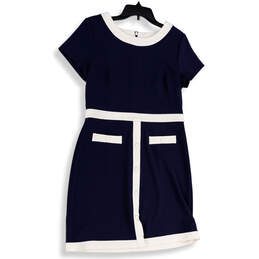 Womens Blue White Cap Sleeve Round Neck Back Zip Short A-Line Dress Size 8