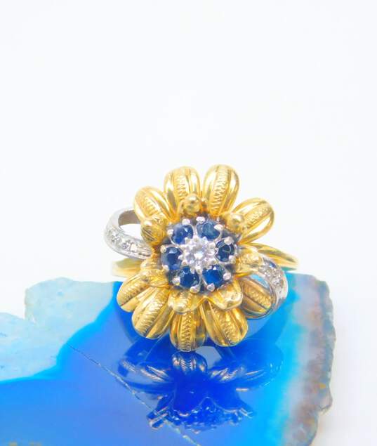 14K Yellow Gold 0.14 CTTW Diamond & Sapphire Flower Ring 7.0g image number 1