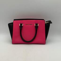Michael Kors Womens Pink Black Leather Double Handle Satchel Bag Purse
