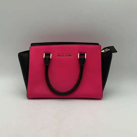 Michael Kors Womens Pink Black Leather Double Handle Satchel Bag Purse image number 1