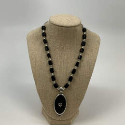 Designer Brighton Silver-Tone Black Beads Engraved Pendant Necklace