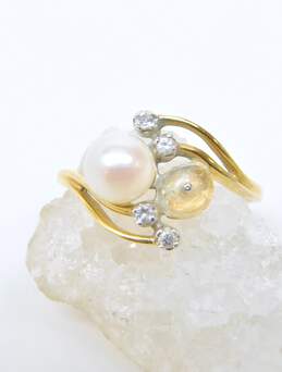 14K Yellow Gold Pearl 0.08 CTTW Round Diamond Bypass Ring - Missing Pearl 2.9g