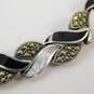 Romantic 925 Marcasite Faux Onyx & Mother of Pearl Shell Braided Watch Bracelet 28.4g image number 6