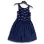 Womens Blue Floral Sequin Pleated Front Sleeveless Fit & Flare Dress Size 9 image number 1