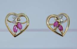 Romantic 14K Yellow Gold Spinel & Diamond Accent Heart Stud Earrings 1.6g