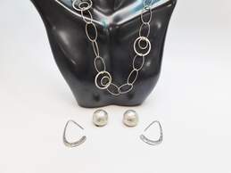 Milor & G&H 925 Textured Circles & Ovals Fancy Chain Necklace & Hammered Dome Clip On & Flat Curved Drop Earrings 45.2g