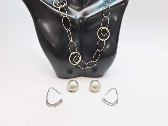 Milor & G&H 925 Textured Circles & Ovals Fancy Chain Necklace & Hammered Dome Clip On & Flat Curved Drop Earrings 45.2g image number 1