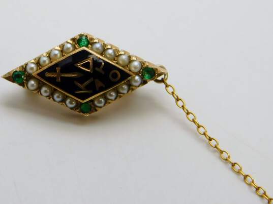 VNTG Sorority Kappa Delta 10K Yellow Gold Seed Pearl & Emerald Pin 3.8g image number 2