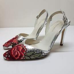Jeffrey Campbell Metallic Silver Embroidered Floral Delmon Slingback Pump Size 7
