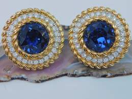 Vintage SAL Blue & White Swarovski Crystal Gold Tone Round Clip Earrings 35.8g