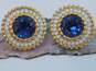 Vintage SAL Blue & White Swarovski Crystal Gold Tone Round Clip Earrings 35.8g image number 1