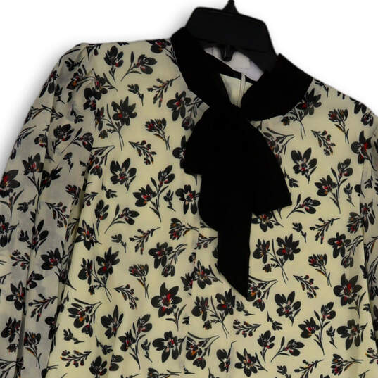Womens Ivory Black Floral Long Sleeve Neck Tie Back Zip A-Line Dress Size M image number 3