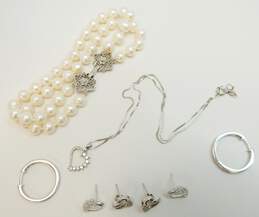 Romantic 925 CZ & Diamond Acct HEart Necklace Earrings & Pearl Bracelet 45.7g
