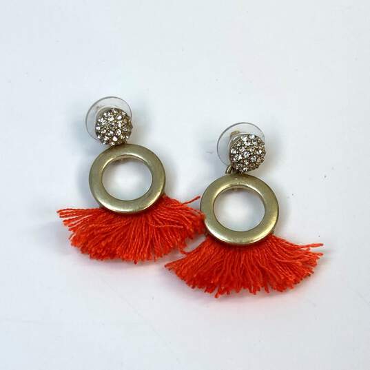 Designer J. Crew Gold-Tone Cubic Zirconia Orange Thread Tassel Drop Earrings image number 2