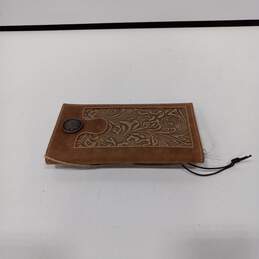 Unisex Brown Tooled Leather Embroidered Inner Multi Dividers Logo Wallet