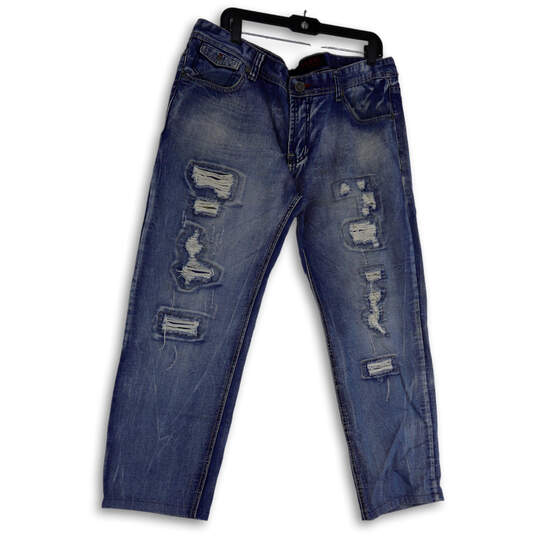 Mens Blue Medium Wash Denim Distressed Pockets Straight Leg Jeans Size 40 image number 1