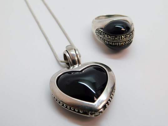 Romantic 925 Onyx & Marcasite Heart Pendant Necklace & Dome Band Ring 27.8g image number 1