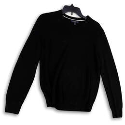 Mens Black Tight-Knit Long Sleeve V-Neck Pullover Sweater Size Small