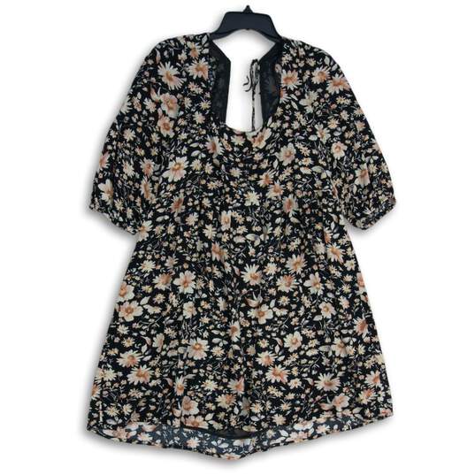 American Eagle Womens Black Pink Floral Short Sleeve Fit And Flare Dress Size L image number 1