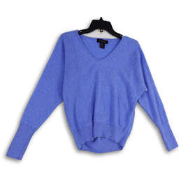 Womens Blue Tight-Knit V-Neck Long Sleeve Stretch Pullover Sweater Size L