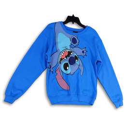 Womens Blue Stitch Cartoon Long Sleeve Crew Neck Pullover Sweatshirt Sz XS