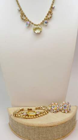 Vintage Icy Rhinestone & Aurora Borealis Rhinestone Gold Tone Necklace Bracelet & Clip On Earrings 42.2g