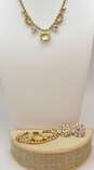 Vintage Icy Rhinestone & Aurora Borealis Rhinestone Gold Tone Necklace Bracelet & Clip On Earrings 42.2g image number 1