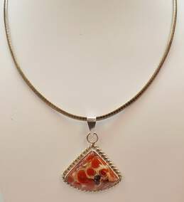 Artisan 925 Red Poppy Jasper Cabochon Triangle Rope Accent Pendant Omega Chain Necklace 42.3g