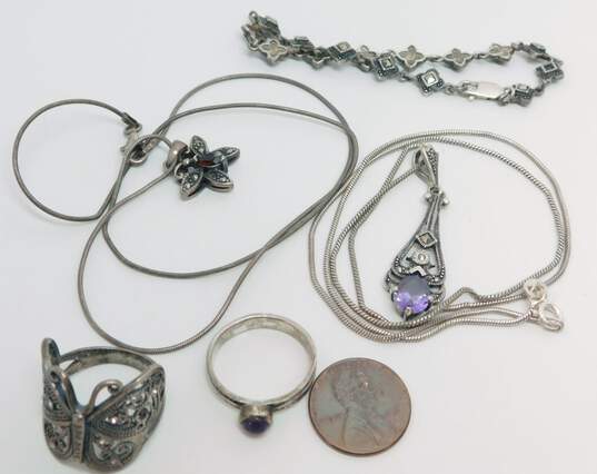 Romantic Sterling Silver Marcasite Amethyst & Garnet Necklaces Bracelet w/ Amethyst CZ & Butterfly Filigree Rings 30.4g image number 6