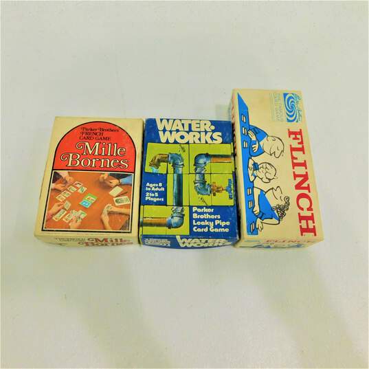 3 Vintage Parker Brothers Card Games Water Works, Milles Bornes & Flinch image number 1