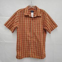 Patagonia MN's Organic Cotton & Polyester Orange Plaid Short Sleeve Shirt Size S