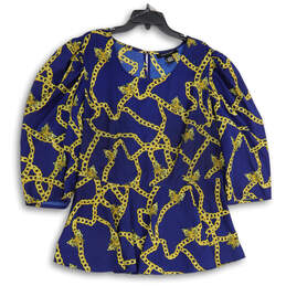 Womens Blue Gold Chain Print Long Sleeve Peplum Blouse Top Size 14/16
