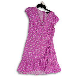 Womens Pink White Floral Ruffle Cap Sleeve Back Zip Short Wrap Dress Sz 10