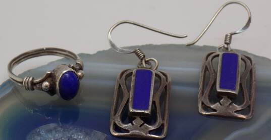 Artisan 925 Blue Faux Stone Inlay Rectangle Drop Earrings & Lapis Cabochon & Abstract Wide Band Rings 13.5g image number 5