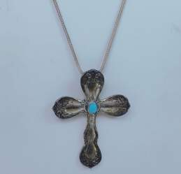 Towle Sterling 925 Southwestern Turquoise Cabochon Scrolled Spoon Cross Pendant Foxtail Chain Necklace 26.6g alternative image