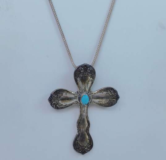 Towle Sterling 925 Southwestern Turquoise Cabochon Scrolled Spoon Cross Pendant Foxtail Chain Necklace 26.6g image number 2