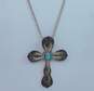Towle Sterling 925 Southwestern Turquoise Cabochon Scrolled Spoon Cross Pendant Foxtail Chain Necklace 26.6g image number 2